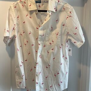 Old Navy White Short-Sleeve Button-Up Shirt with Pink Flamingo Print
